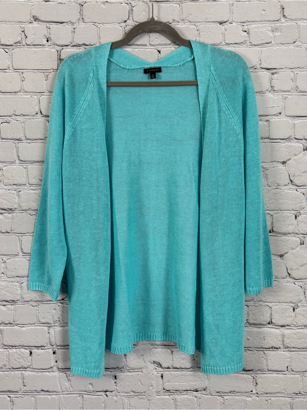 Talbots Cardigan Sweater Turquoise Blue 100% Linen Open Front Knit Lightweight M